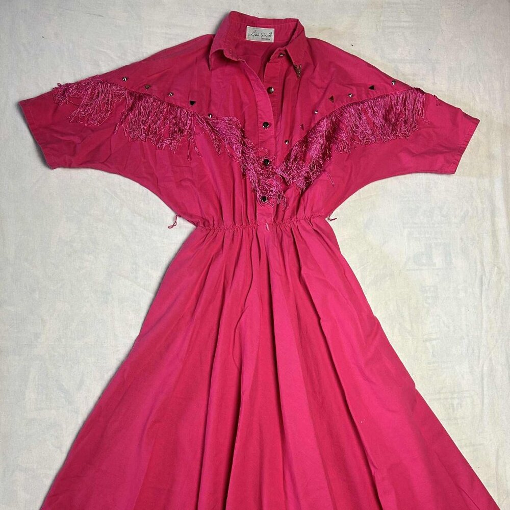 Womens Vtg LILIA SMITTY Exclusive Pink Fringed Western Dress USA Made Size MED